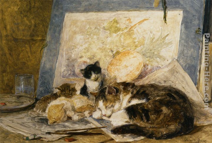 A Cat and her Kittens in the Artists Studio painting - Henriette Ronner-Knip A Cat and her Kittens in the Artists Studio art painting